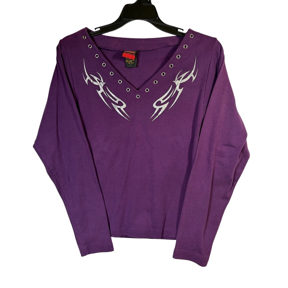 Hot Leathers Long Sleeve Top Womens L Purple Excellent Tribal Grommet V-Neck